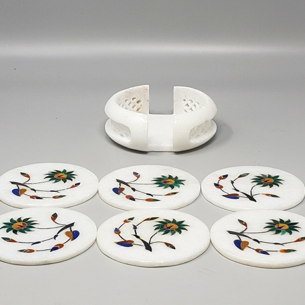 Vintage MCM White Marble Coaster Set